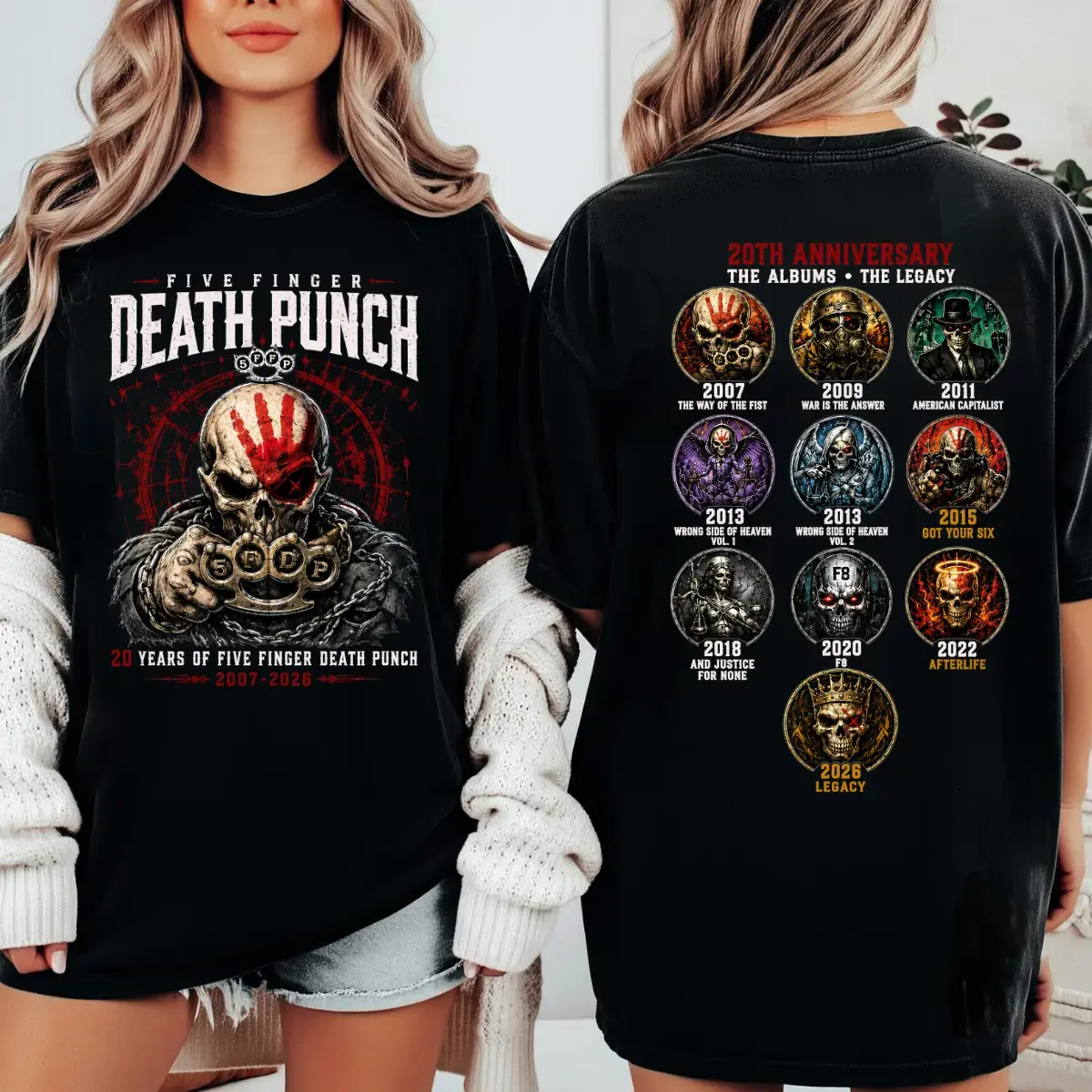 [FREE SHIP] Five Finger Death Punch Shirt, FFDP 20th Anniversary Tee, Heavy Metal Graphic Shirt, Rock Band Fan Gift, Double Sided Design