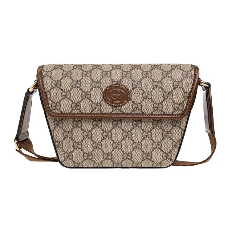 Pre-owned GUCCI Canvas & Leather Shoulder bags Interlocking G Oval Logo Plaque Trim Crossbody Shoulder Bag For Men, Beige Ebony & Brown