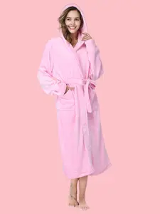 Unisex Flannel Hooded Robe, Long Winter Bathrobe with Belt, Thick Warm Pajamas, Casual Home Wear, Christmas Clothing