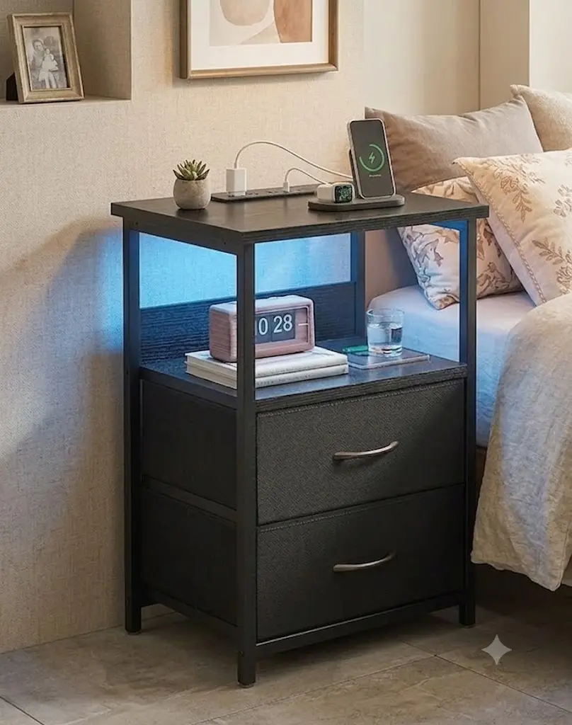 Black Modern Narrow Nightstand - 15.7"d x 11.8"w x 23.6"h Small Modern Bedroom Furniture with PU Finish, USB+Outlet Power, Soft Eye-Safe LED, RGB Lighting, 2 Fabric Drawers, Tabletop, Adjustable Legs, Quick Setup, Assembly Required (Apartment Use), Casual