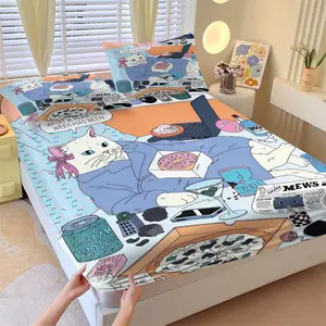 American Pop Art Style Cat Print Fitted Sheet Set, Funny Cat Themed Bedding Includes 1 Fitted Sheet And 2 Pillowcases, Perfect For Young People Who Pursue Personality, Fun And A Laid-Back Aesthetic, Creating A Stylish And Never Boring Bedroom Space