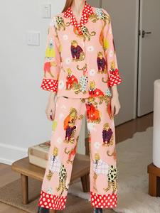 two-piece set women's heart & leopard print lapel neck pajama, long sleeve button up top & elastic waist pants pj set, pajama set, 2 piece sets women, casual comfortable lounge wear sleepwear set for women