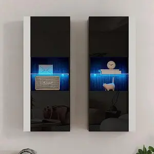 VanAcc Wall Storage Cabinets with LED Lights, Modern High Gloss Hanging Cabinets with 4 Closed Doors & Open Glass Shelves, for Living Room/Bedroom