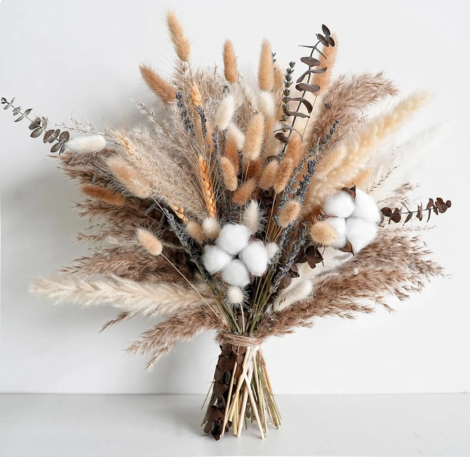 Natural Dried Decorative Bouquet - Pampas Grass, Cotton Stems, Bunny Tails, Eucalyptus, Lavender, Wheat - Minimalist Modest Floral Decor for Living Room, Daily Rustic Boho Decor, Wedding Gift