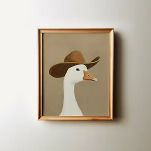 silly cowboy goose poster print, brown western nursery printable art, neutral southeastern boy room animal wall art, cowboy hat