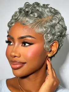 6 Inch Loose Wave Short Curly 13x4 Lace Front Human Hair Wig, 180% Density Salt and Pepper Pixie Cut Wig for Women