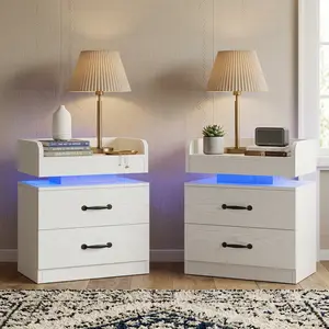 Modern LED Nightstands with Charging Station 2 Drawer Storage Bedside Tables for Bedroom Living Room in White Black Grey Cool Blue LED Light Semi-Floating Design