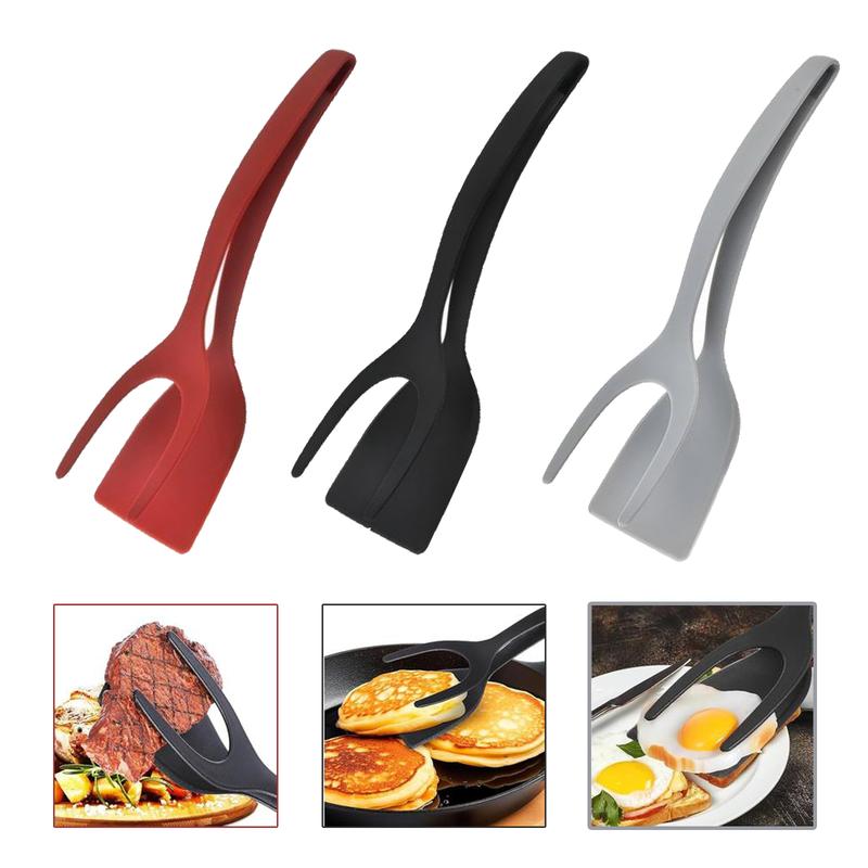 2-in-1 Silicone Shovel & Tweezers Tongs - Black Egg Flipper Pancake Steak Turner Omelet Maker Spatula Fish French Toast Tongs for Home Kitchen Cooking Tools Utensils
