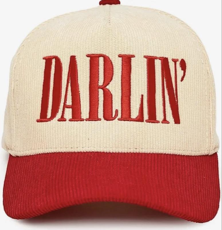 Darlin' Baseball Cap - Red and Beige Color Block Design with Embroidered Text, Adjustable Fit, Ideal for Casual Wear