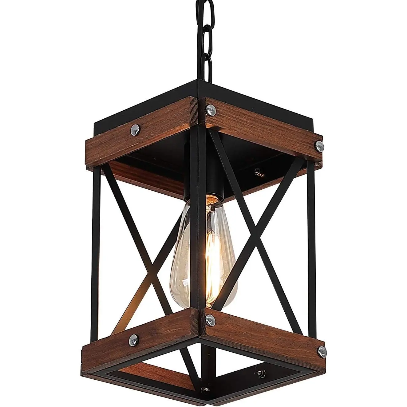 Rustic Farmhouse Pendant Light with  and Metal Cage, One-Light Adjustable Chains Industrial Mini Pendant  Fixture for Kitchen  Cafe Bar, Black