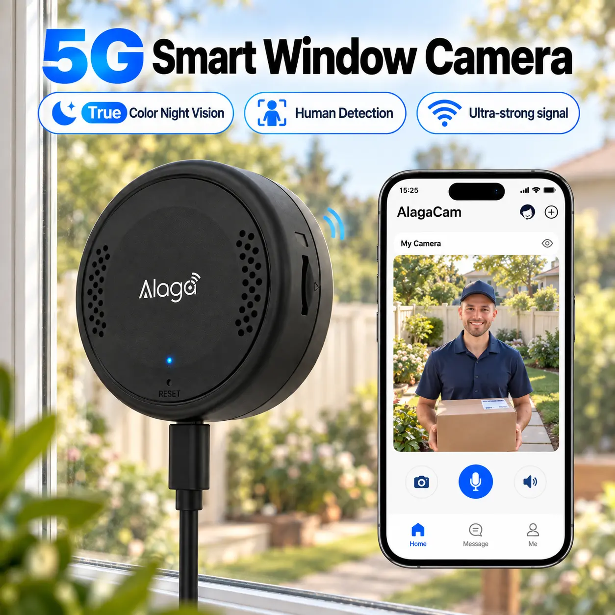 Alaga 5G Smart Window Camera 2K 3MP UltraColor Night Vision Dual-Band WiFi AI Alerts 24/7 Recording Stick-On No Drilling 2-Way Talk Surveillance System