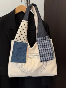 Fashionable retro patchwork canvas tote bag, niche personalized design large capacity shoulder bag, can accommodate books, computers, daily necessities, suitable for students' classes, daily commuting, leisure shopping, Fashionable Patterned Bag