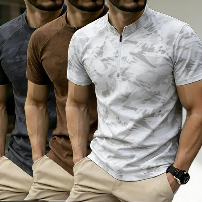 Men’s Classic Zip Polo T‑Shirt — Fashionable Casual Golf Shirt Fabric, Men’s Classic Polo Shirt, Short Sleeve breathable muscle v neck polo shirt, Top Shortsleeve Tropical, Ribbed Menswear Knit
