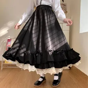 Japanese Solid Double Layer Lolita Skirts Women Vintage French Ruffled A-line Skirt Hepburn Style White Ruffled Long Skirt Falda(Sheets)