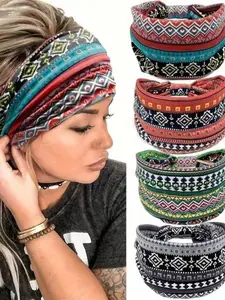4 Pcs Boho Wide Hairbands for Women, Workout Headbands, Sweat-Wicking Lightweight Yoga Bands, Headband Set, Vintage Print, Zigzag Headband, Perfect for Sports & Daily Use