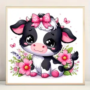 Cartoon Flowers and Calf Pattern DIY Diamond Art Painting Kit without Frame, DIY 5D Diamond Art Painting Kit, Wall Art Decor for Home Living Room Bedroom