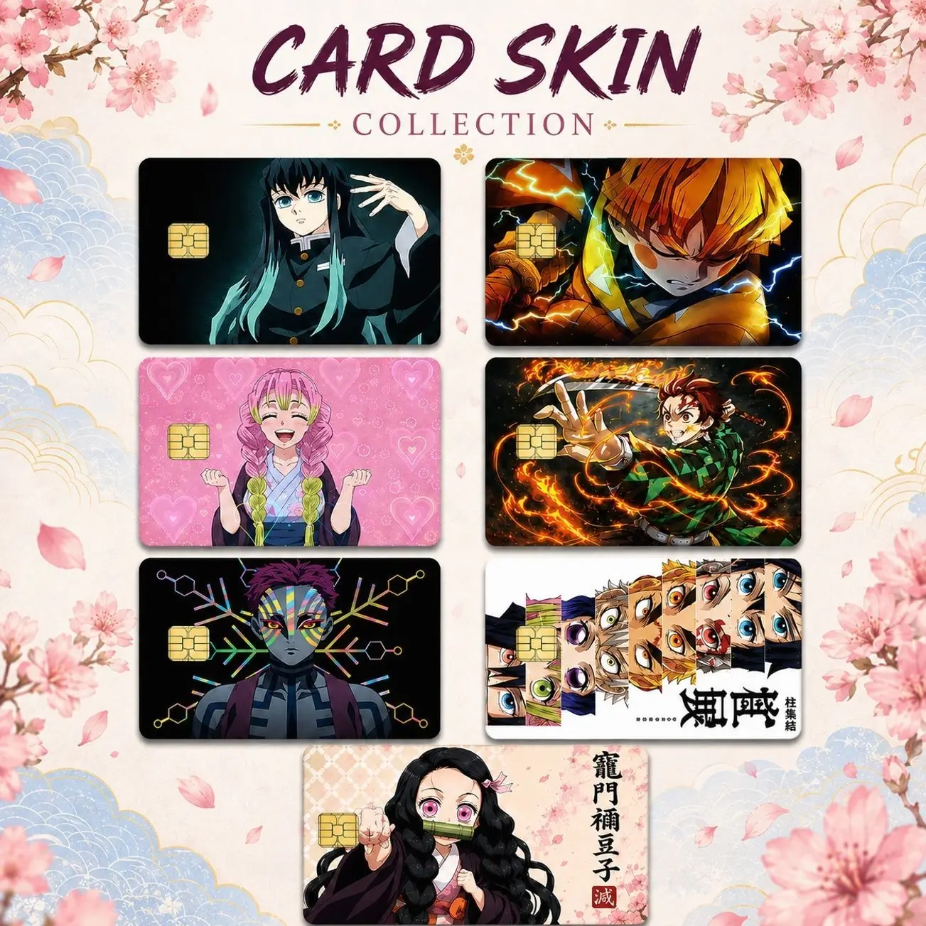 Demon Slayer Anime Card Skin Collection, Tanjiro Nezuko Zenitsu Muichiro Mitsuri Akaza Credit Debit Card Vinyl Sticker Cover