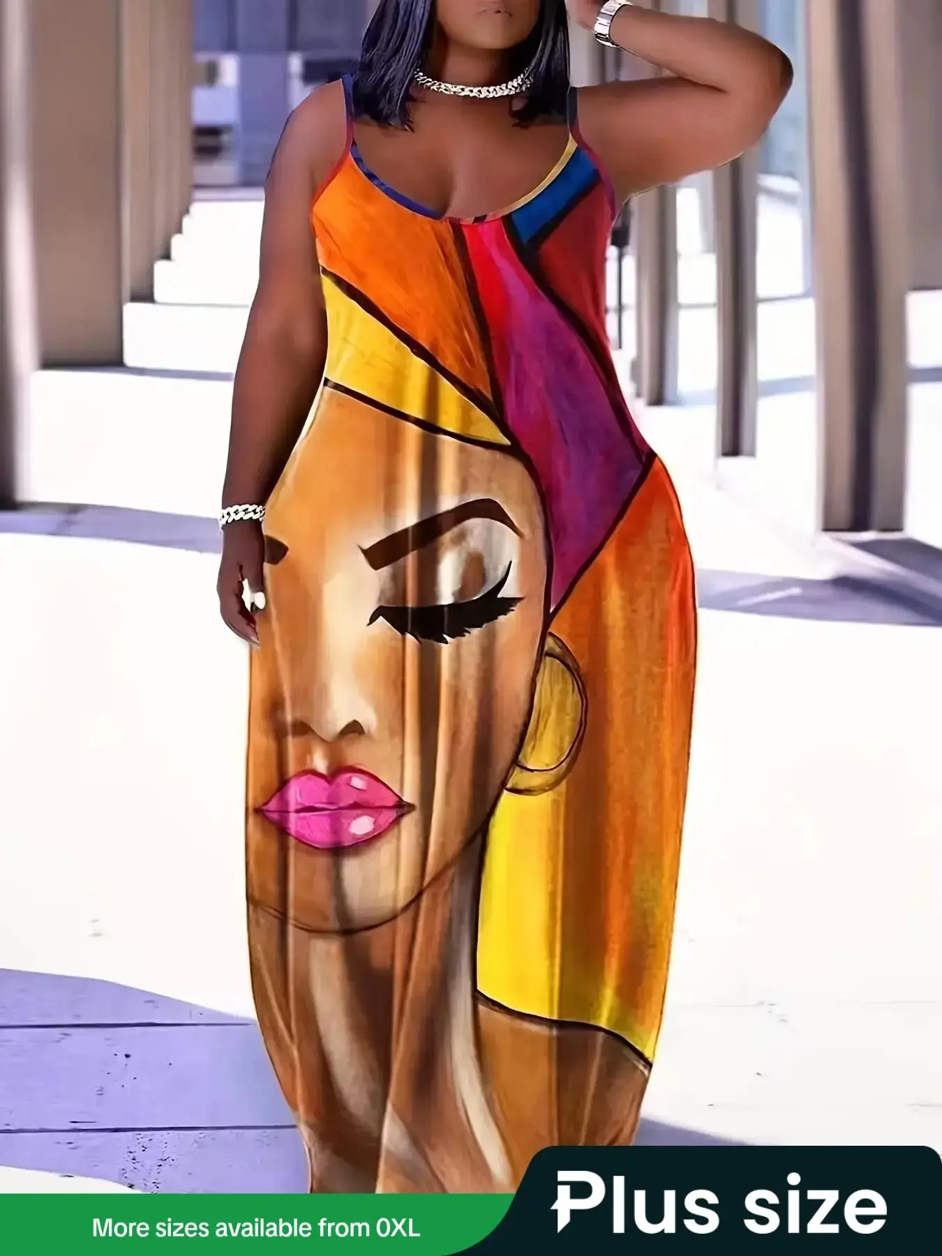 【Plus Size】 Multicolor Figure Print Pocket Backless Cami Dress, Boho Sleeveless Spaghetti Strap Long Dress for Beach Holiday Vacation, Summer Dresses,