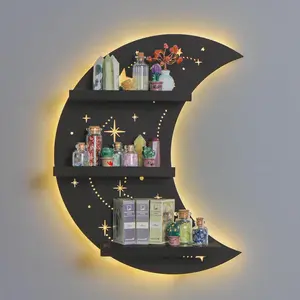 Crescent Moon Shelf with LED Light, Trinket Display Shelf & Moon Wall Light for Rocks   Stones  Display, Celestial Decor  Holder Witchy Wall Decor