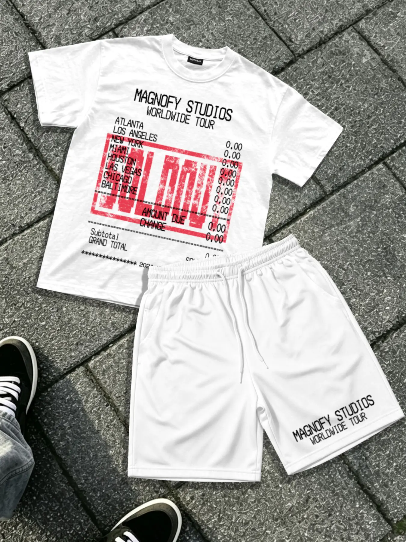 Men's 2 Piece Outfits, Crew Neck Short Sleeve T-Shirt & Drawstring Shorts Set, Retro Receipt City Tour Letter Graphic Casual Summer Streetwear Tracksuit