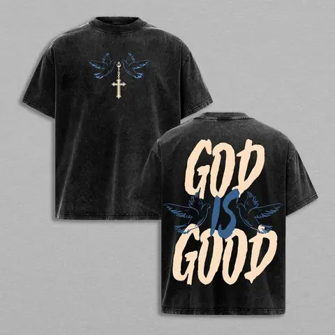 Men's Vintage Distressed Cotton Fitted Crew Neck Short-Sleeve Casual T-Shirt - Christian 'God is Good' Bible Verse, Cross and Faith Print, Faith-Based Streetwear, Hand Wash Only, Figure-Flattering, All-Season, Men's Gift, Cross And Faith Print Men's Short