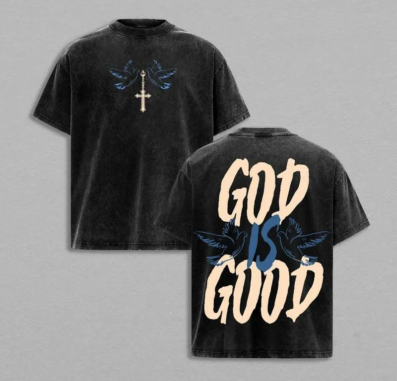 Men's Vintage Distressed Cotton Fitted Short-Sleeve T-Shirt - Christian 'God is Good' Bible Verse Graphic Print, Casual Religious Tops, Everyday Streetwear, Faith-Based Fashion, Shortsleeve, Menswear, Festive, Christian Clothing, All Seasons