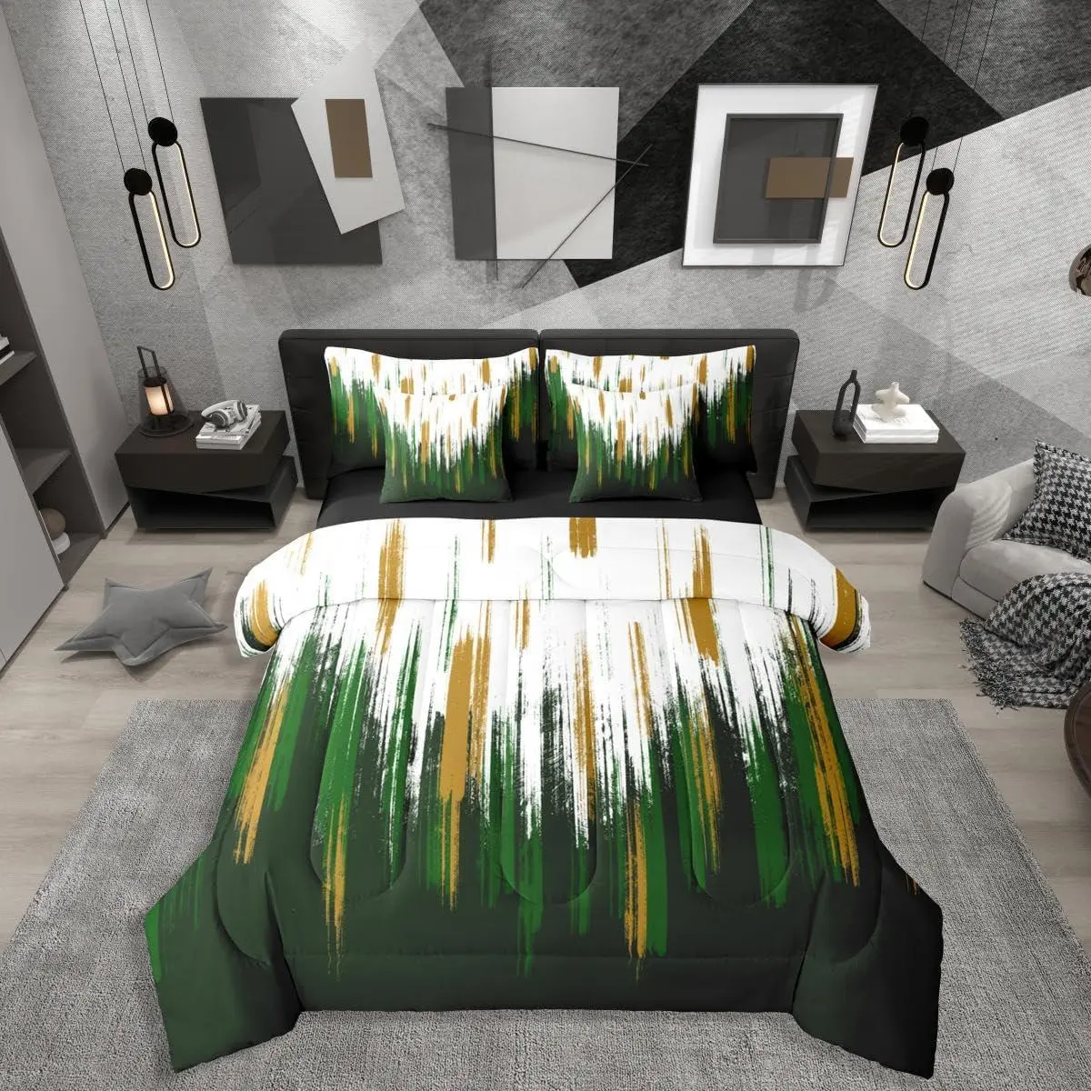 Dark Green Comforter Set,7 Piece for Kids Adults,Modern Oil Painting Abstract Bedding Set,Green White Yellow Brush Strokes Graffiti Art Bed in A Bag with Sheets Chic Vintage Bed Set