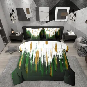 Dark Green Comforter Set,7 Piece for Kids Adults,Modern Oil Painting Abstract Bedding Set,Green White Yellow Brush Strokes Graffiti Art Bed in A Bag with Sheets Chic Vintage Bed Set