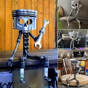 Industrial Gothic Skull Sculpture Statues with Wrench, Non-Electric Desktop Decor, Perfect Gift for Engineers, Car Enthusiasts, Mechanics