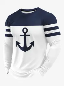 Men's 3D spear pattern striped print crew neck long-sleeved T-shirt, casual and fashionable outdoor street sports top for spring and autumn, suitable for everyday wear, Athletic Sports Clothing