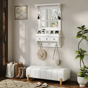 Littleox Space-Saving Floating Makeup Dressing Table, White Wall Mount Vanity with Full Size Mirror, Multi Storage Drawers, Fabric Pockets & Utility Hooks, Compact Beauty Organizer Furniture for Tiny Living Space
