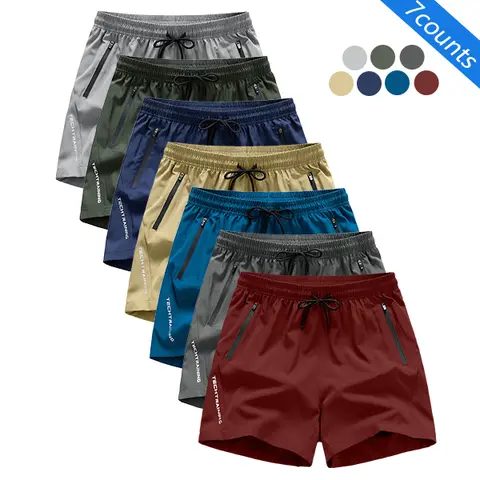 Men's 7-Pack Casual Active Sport Shorts - Anti-Wrinkle Polyester Blend, Loose Fit, Drawstring Waist, Solid Color, Minimalist Design, Smooth Texture, Outdoor-Ready - Mens Bottoms, Bulk Fashion