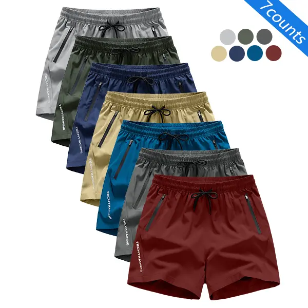 Men's 7-Pack Casual Active Sport Shorts - Anti-Wrinkle Polyester Blend, Loose Fit, Drawstring Waist, Solid Color, Minimalist Design, Smooth Texture, Outdoor-Ready - Mens Bottoms, Bulk Fashion