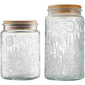 Arthink Vintage Glass Jar 700ml & 1000ml Airtight Bamboo Lid Thick Premium Glass Food Storage Container for Coffee Candy Cute Canister Sunflower Embossed Design - Bottles