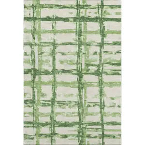HomeRoots 662783 Strip Area Rug - 10x14 ft 2-Toned Green & Ivory Transitional Machine-Made UV-Protected Machine-Washable Rectangle Carpet, Strip Area Rugs, Two-Toned Area Rugs
