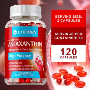 120 Coolkin Astaxanthin Dietary Capsules contain grape seed oil and Ashwagandha root extract to support cardiovascular, circulatory, and immune health.
