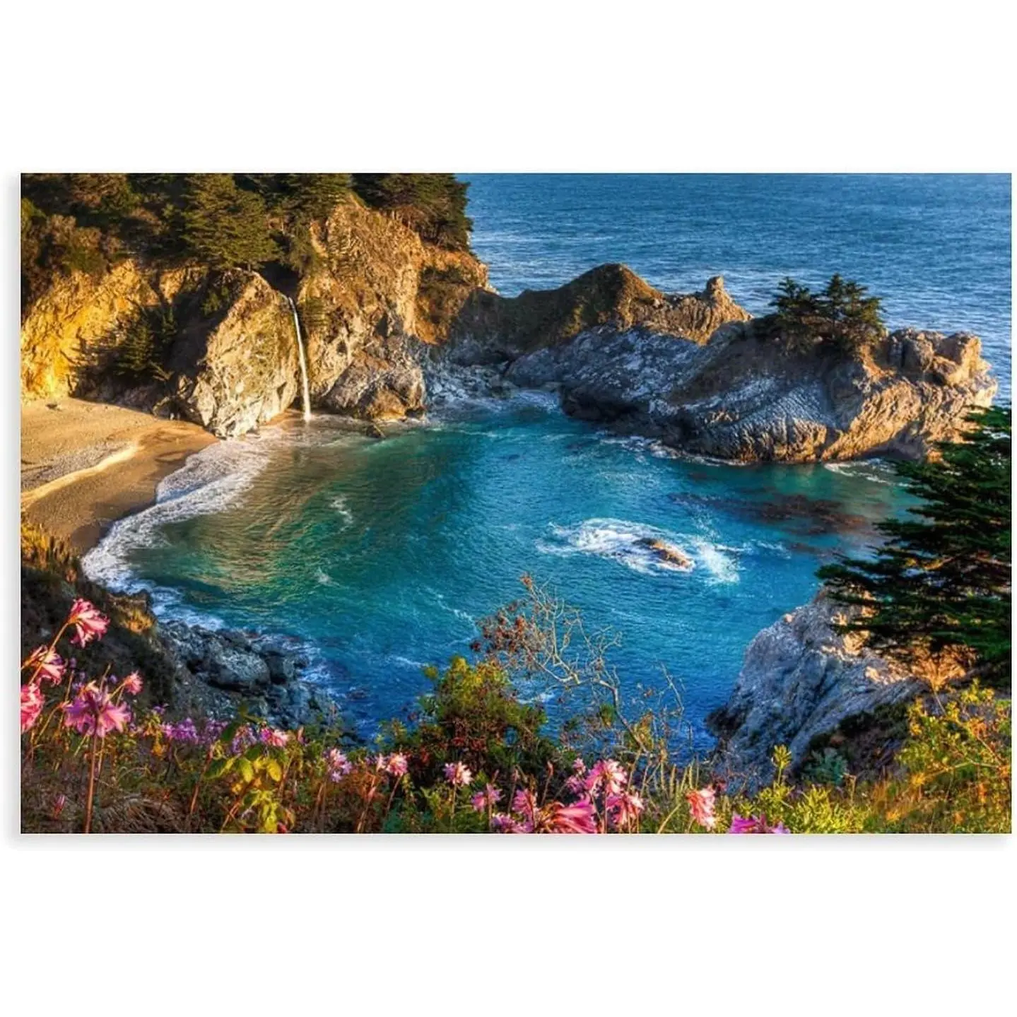 Vintage Handmade Rectangular California Beach Seascape Wall Art Print - Blue Lagoon Ocean Flowers Artwork, Living Room & Bedroom Home Decoration Poster