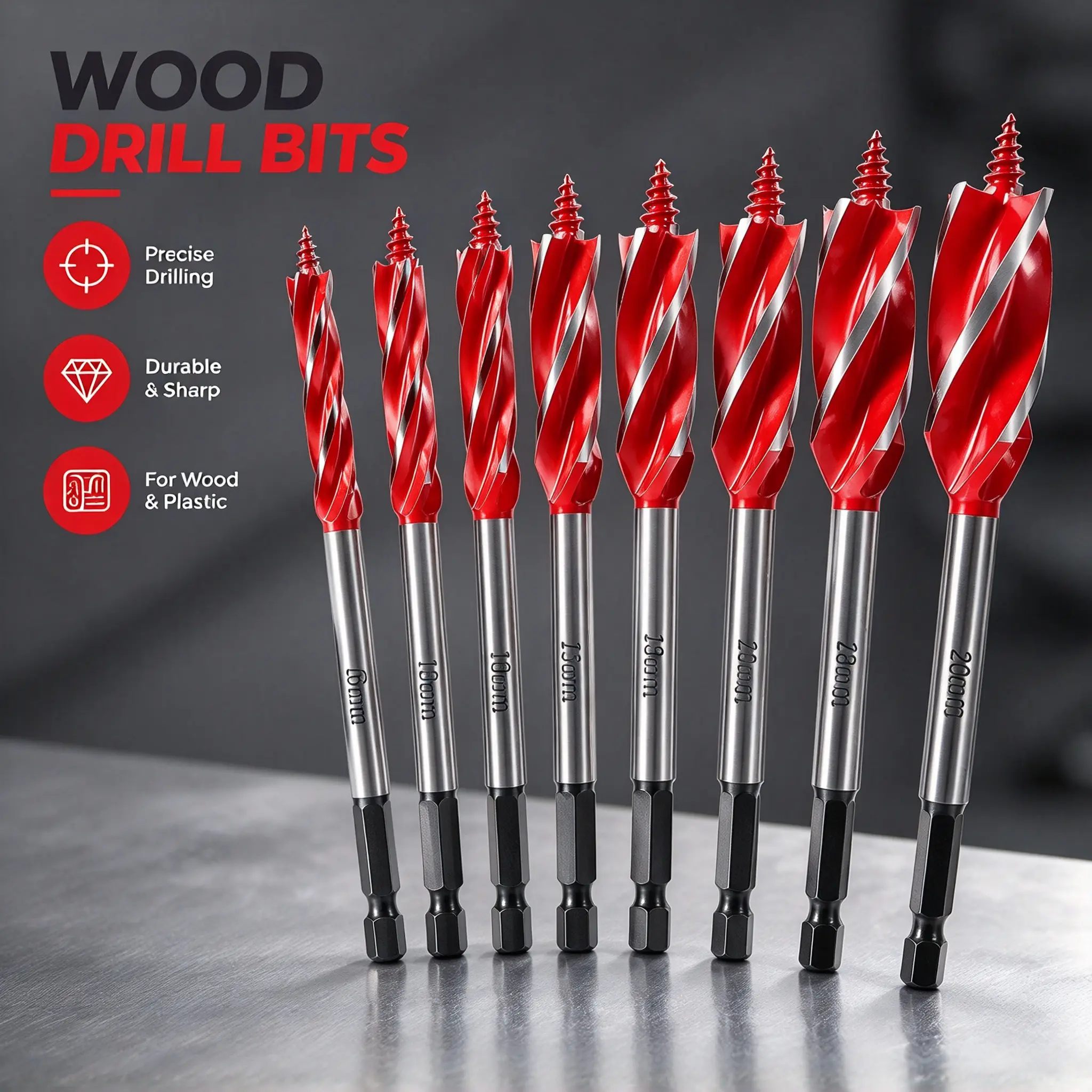 8 Pack High Carbon Steel Wood Boring Bit Set, 4-Groove Rotary Cutting Bits with Hex Shank, 10-25mm Sizes, Workshop Cutting Supplies for Hard Wood & Plastic Machining
