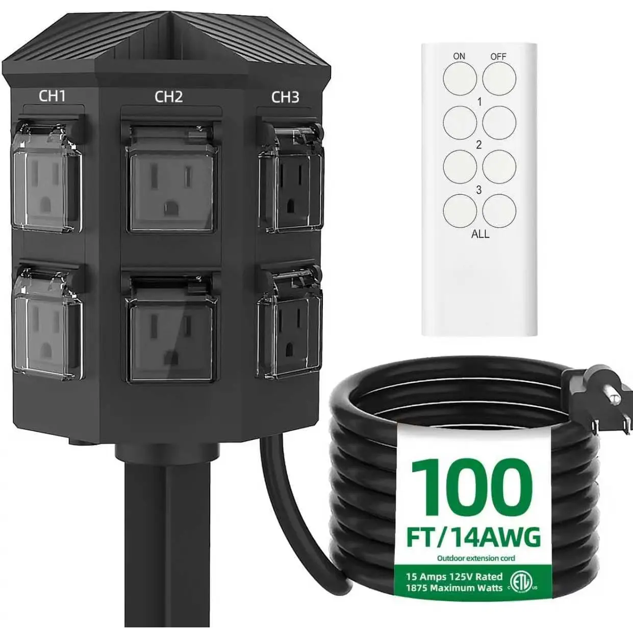 Outdoor Remote Control Power Strip, 100FT Extension Cord , Independent Control Outlets, 6 Grounded Outlets for Outdoor Decorations, 14 AWG, 15A/1875W, ETL Listed (100 FT)