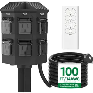 Outdoor Remote Control Power Strip, 100FT Extension Cord , Independent Control Outlets, 6 Grounded Outlets for Outdoor Decorations, 14 AWG, 15A/1875W, ETL Listed (100 FT)