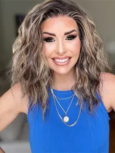 MACA BAKA Zuri Dark Brown Caramel Ombre Highlight Short Water Wave Lace Front Wigs with Scandinavian Hairline 12 Inches Low Density Brown Blonde Loose Curly HD Synthetic Lace Front Wigs for Women Pre Plucked