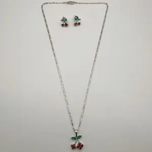 Cherry Necklace and Earrings Set in Silver Color with High-Quality Laminated Gold Finish and Cherry Design