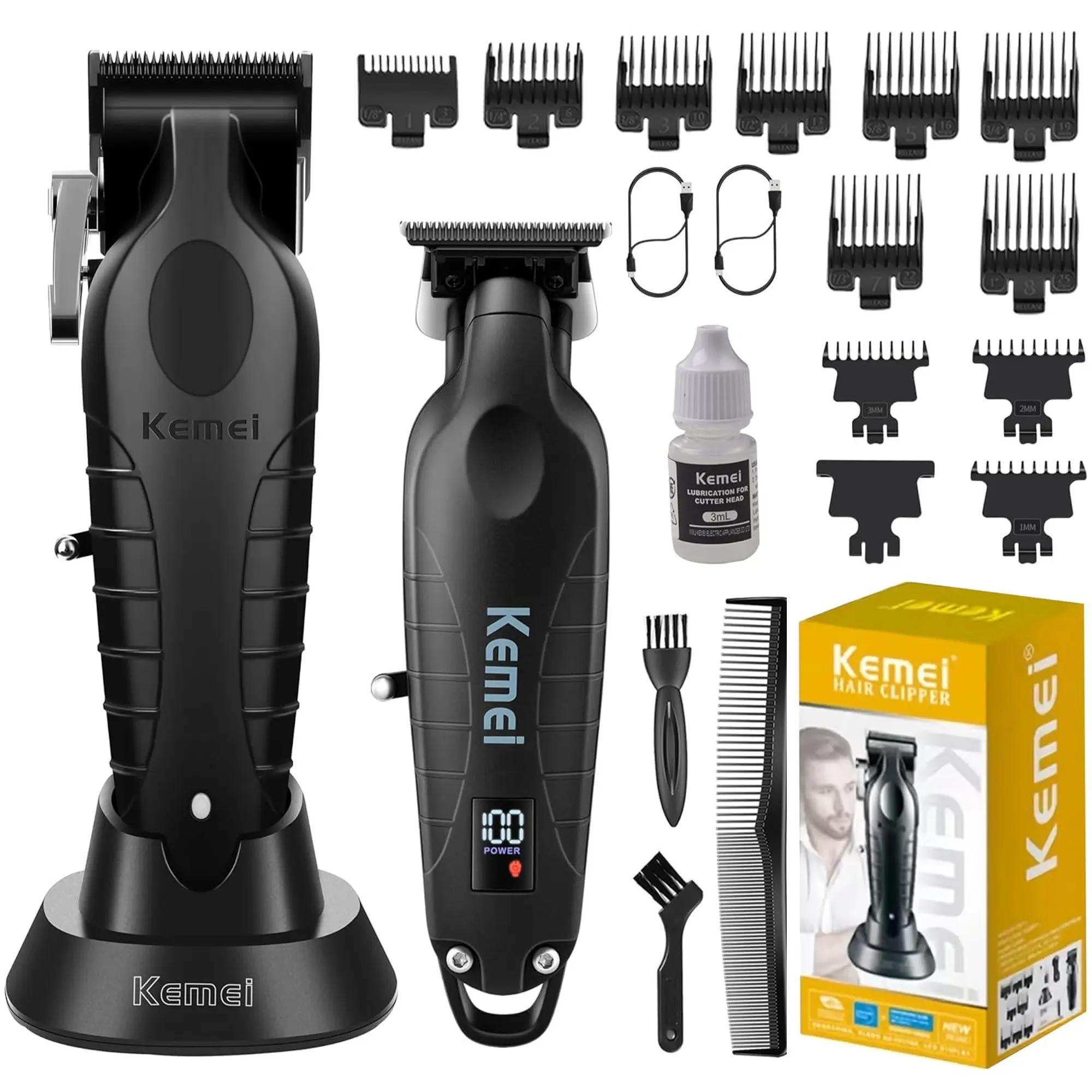 KEMEI 2 IN 1 Clipers Set KEMEI 2296 & KEMEI 2293 Black Hair Clippers for Men with LED Display Cordless Professional 0-Gapped Hair Trimmer & Barber Cutting Kit for Men, Ideal Gift for Men Beard and Hair Grooming