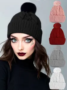 Knit Pom Pom Cable Knit Striped Beanie for Women, Stylish Warm Winter Accessory for Cold Weather, Comfortable Loose-Fitting Hat Ideal for Outdoor Activities