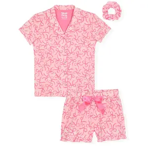 Sleep On It Girls 2-Piece Short-Sleeve Button Down Collared Coat Pajama Set with Matching Scrunchie