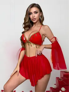Halloween Sexy Belly Dancer 5-Piece Lingerie Set, Red Mesh & Gold Sequins Costume with Top, Thong, Skirt and Double Sleeves, for Private Party Cosplay rave outfit altgirl baddie pajamas shorts cool girl outfits baddie Underwear