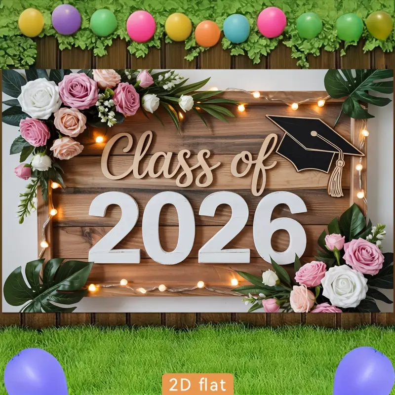 Rustic Wood Class of 2026 Backdrop Floral Wreath Graduation Backdrop Celebration Background Cloth Grad Tapestry Wall Hanging Photography Background Polyester Fiber Party Ceremony Event Home Garden Studio Decor Studio Prop Wall