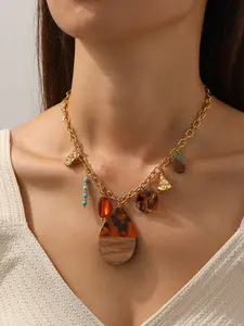 Stainless steel gold boho tortoiseshell wood drop multi charm chain necklace for women
