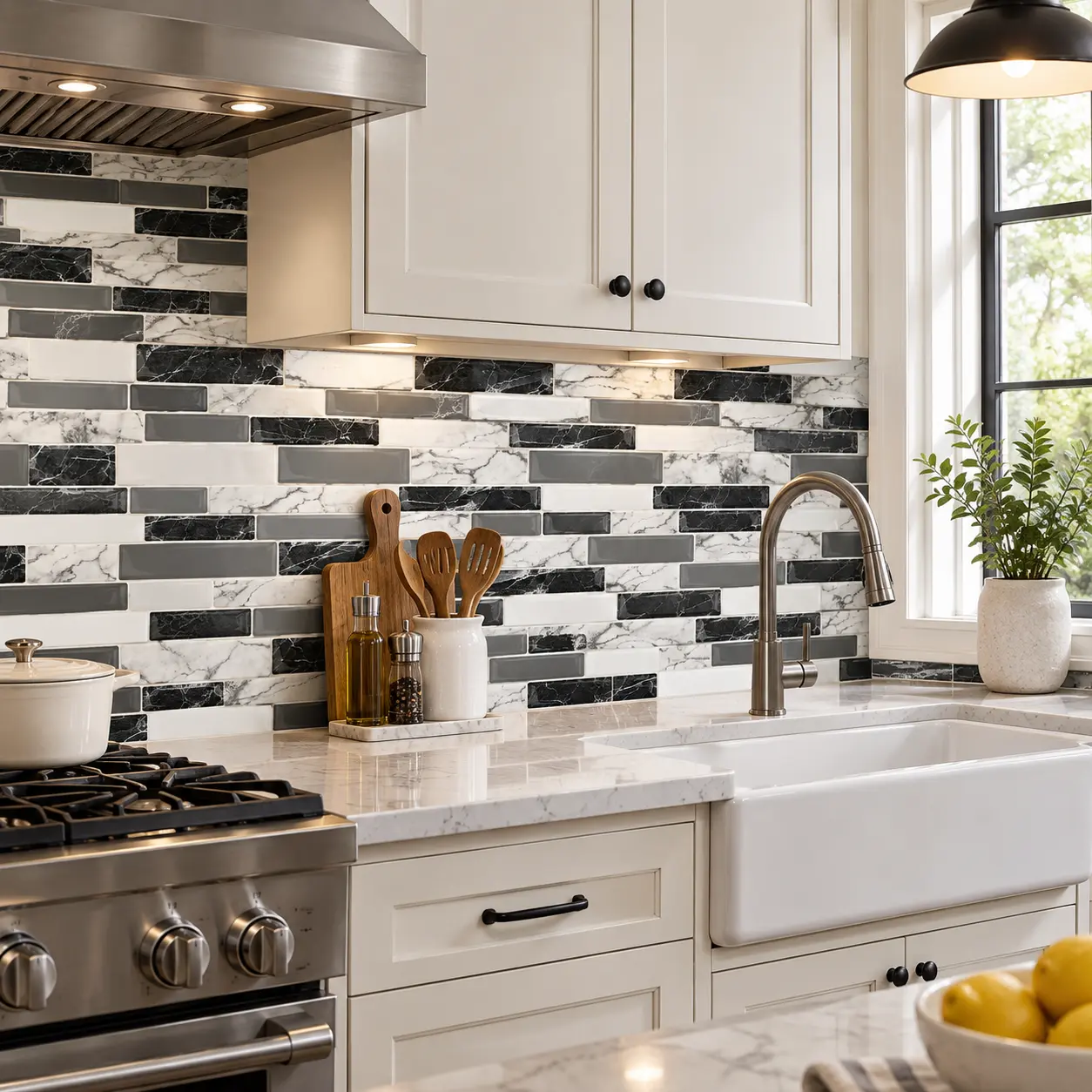 MOONFUN 10Pcs 12×12in Peel and Stick Backsplash Tile, Black White Grey Marble Mosaic 3D Self Adhesive Wall Tiles, 5X Strong Adhesive, Waterproof Heat Resistant, Thickened Easy Cut Stick On Tile for Kitchen Bathroom DIY Home Decor peel-and-stick sticker