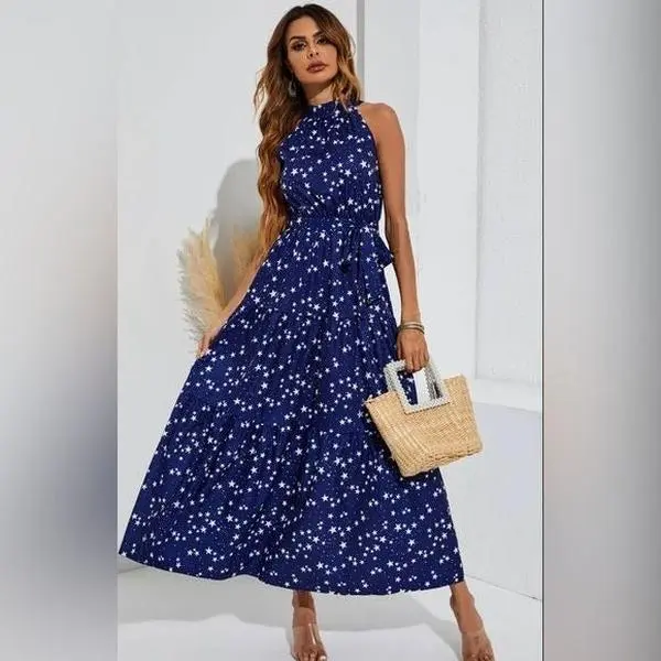 Women's FS Collection Night Sky Halter Neck Maxi Layer Dress In Navy & White Little Stars